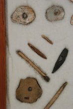 Southern California Indian artifacts in an old frame of prehistoric Chumash